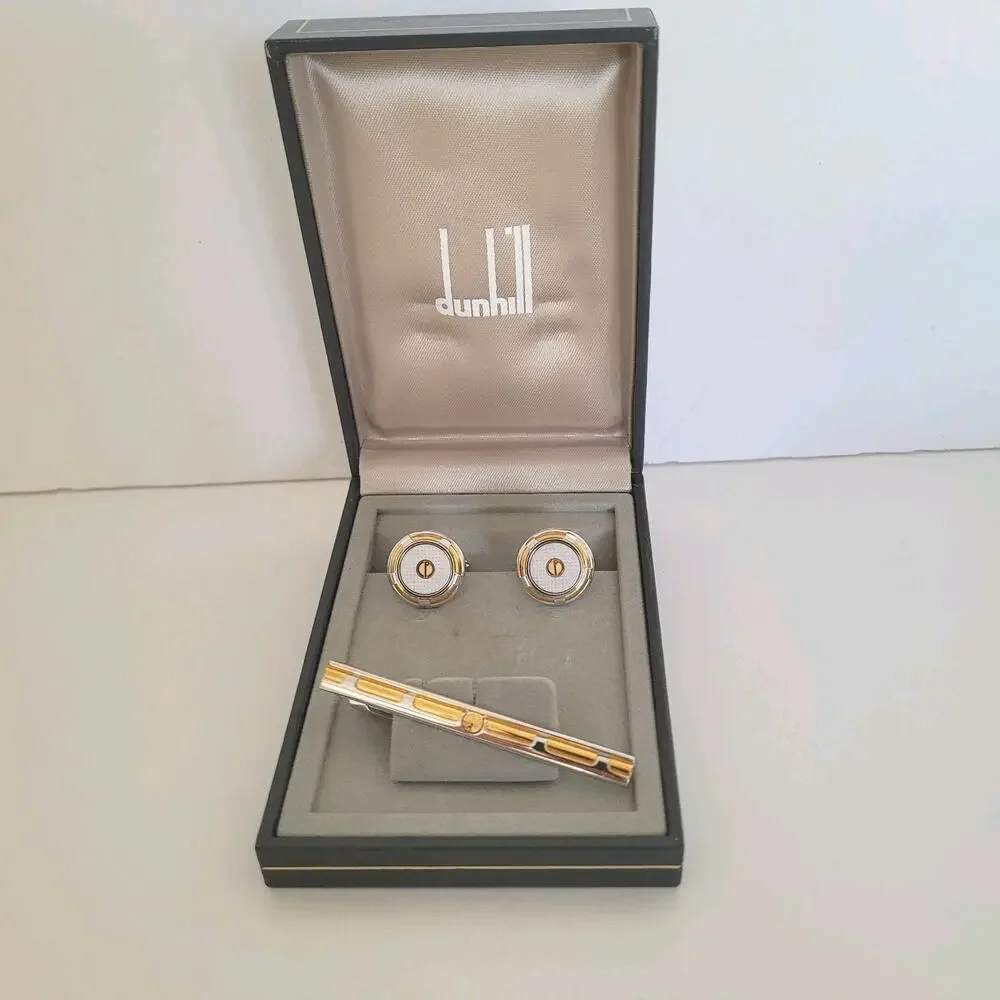 Dunhill Vintage Round Cufflinks Tie Clasp Clip Bar Set Silver Gold Two Tone Box